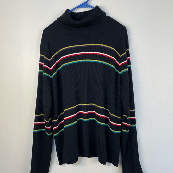 Women’s turtle neck stripe black sweater with pops of color rib knit size L - Picture 8 of 12